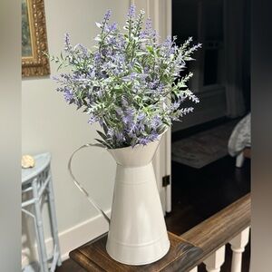 Lavender Faux Floral Arrangement in White Metal Pitcher